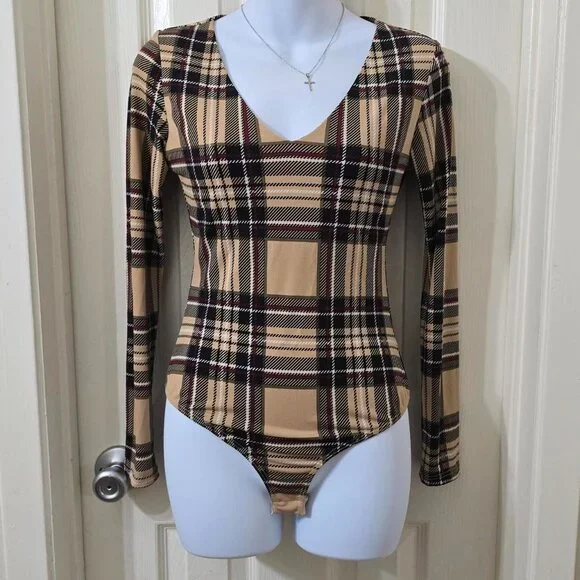 Women's CHOCOLATE Striped Plaid Long Sleeve Beige Bodysuit Size M - Picture 3 of 8